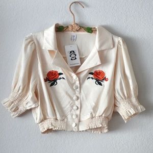 Silky Beige Puffy Sleeve button down top with rose embroidery